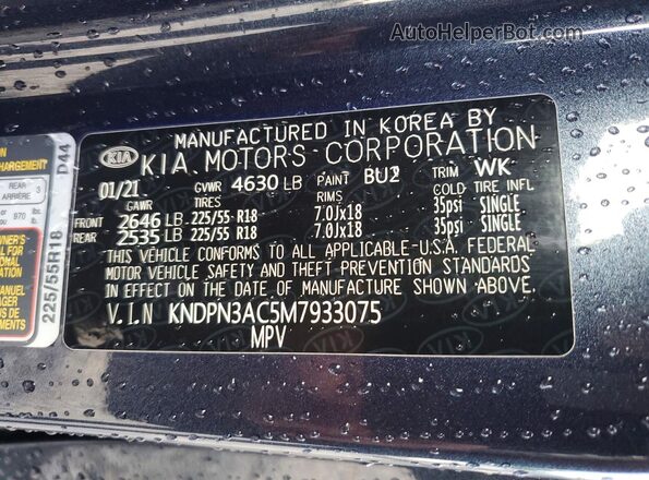 KNDPN3AC5M7933075 2021 KIA SPORTAGE Синий Вид наклейки с VIN-кодом