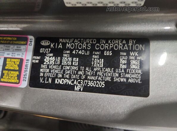 KNDPNCAC3J7360205 2018 KIA SPORTAGE Silver Widok naklejki z numerem VIN