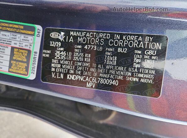 KNDPNCAC6L7800940 2020 KIA SPORTAGE Blue Widok naklejki z numerem VIN