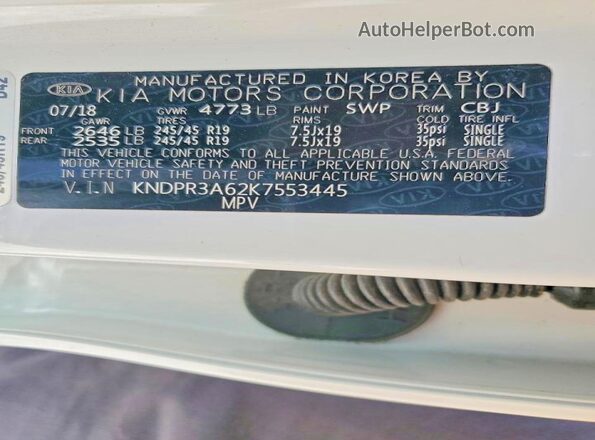 KNDPR3A62K7553445 2019 KIA SPORTAGE Белый Вид наклейки с VIN-кодом