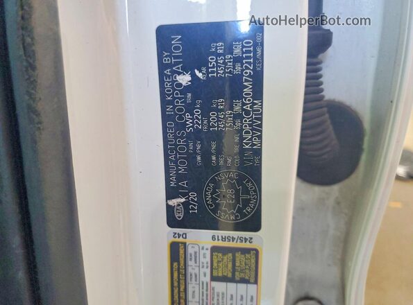 KNDPRCA60M7921110 2021 KIA SPORTAGE White VIN კოდის სტიკერის ხედი