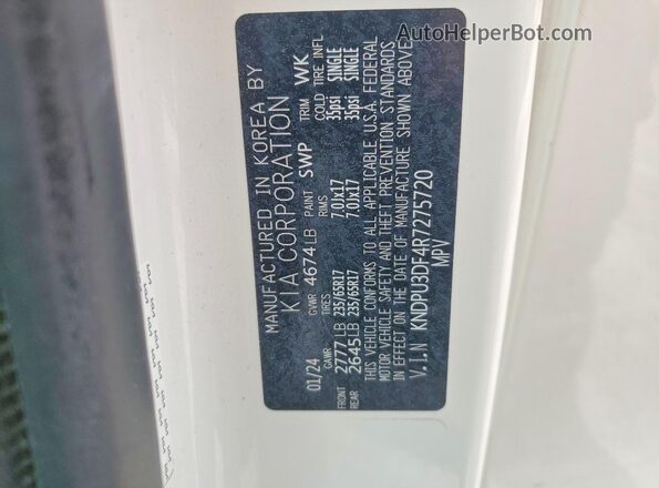 KNDPU3DF4R7275720 2024 KIA SPORTAGE Белый Вид наклейки с VIN-кодом
