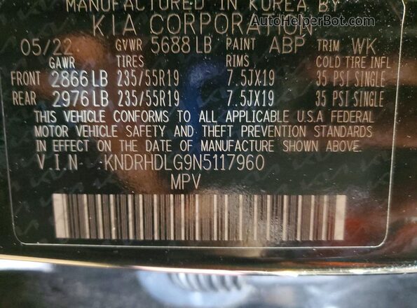 KNDRHDLG9N5117960 2022 KIA SORENTO Black Widok naklejki z numerem VIN