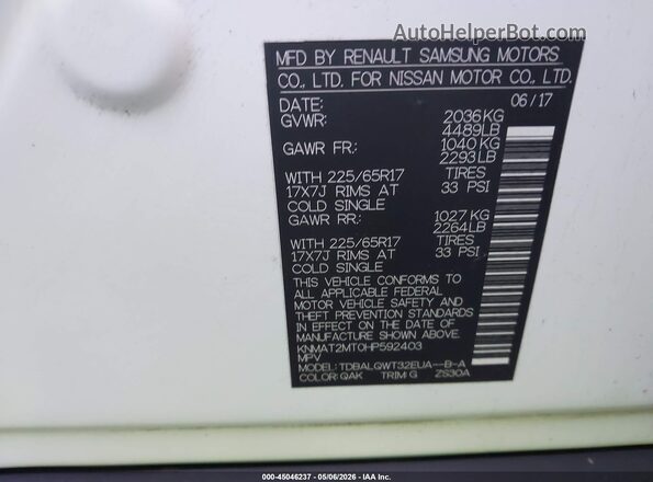 KNMAT2MT0HP592403 2017 NISSAN ROGUE White ძრავის განყოფილების ხედი