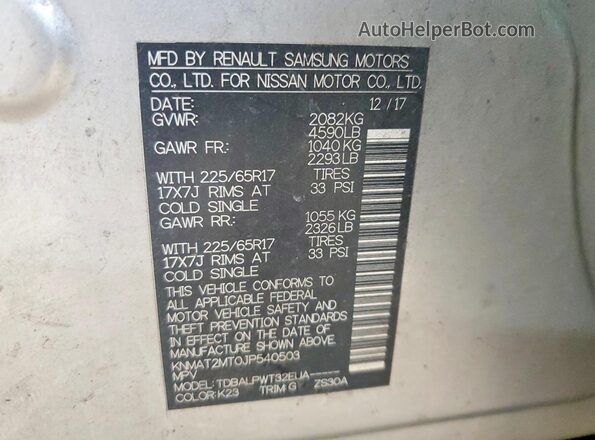 KNMAT2MT0JP540503 2018 NISSAN ROGUE Silver Widok naklejki z numerem VIN