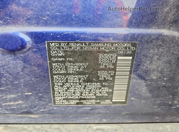 KNMAT2MT3LP543298 2020 NISSAN ROGUE Blue VIN კოდის სტიკერის ხედი