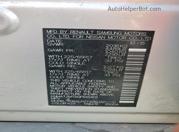 KNMAT2MT5GP615401 2016 NISSAN ROGUE Silver Vista de la etiqueta del VIN