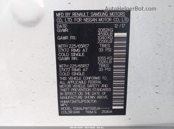KNMAT2MT5JP536706 2018 NISSAN ROGUE White Вид підкапотного простору