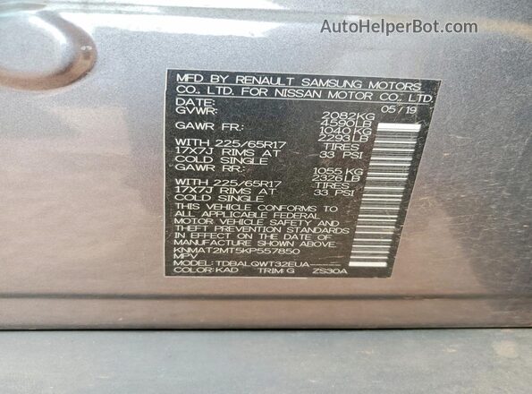 KNMAT2MT5KP557850 2019 NISSAN ROGUE Gray Widok naklejki z numerem VIN