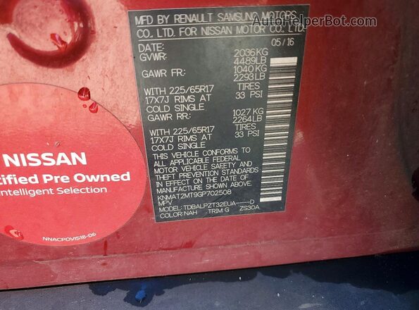 KNMAT2MT9GP702508 2016 NISSAN ROGUE Red VIN sticker view