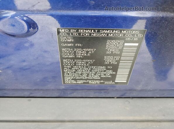 KNMAT2MT9JP597668 2018 NISSAN ROGUE Синий Вид наклейки с VIN-кодом