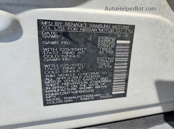 KNMAT2MTXGP640231 2016 NISSAN ROGUE White Панорамний вид салону 360°