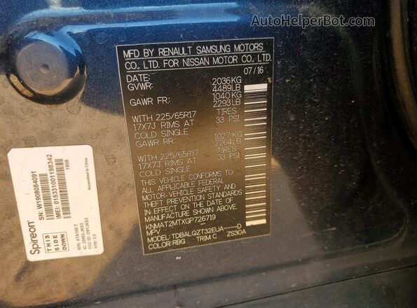 KNMAT2MTXGP726719 2016 NISSAN ROGUE Black Widok naklejki z numerem VIN