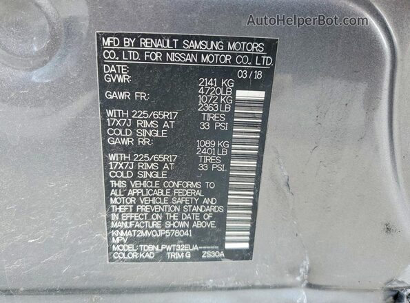 KNMAT2MV0JP578041 2018 NISSAN ROGUE Серый Вид наклейки с VIN-кодом