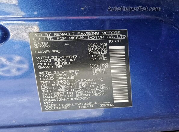 KNMAT2MV1JP517636 2018 NISSAN ROGUE Blue Вид підкапотного простору