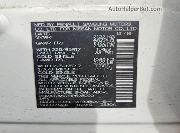 KNMAT2MV2HP528090 2017 NISSAN ROGUE White Vista del compartimento del motor