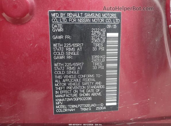 KNMAT2MV3GP602096 2016 NISSAN ROGUE Красный Вид подкапотного пространства