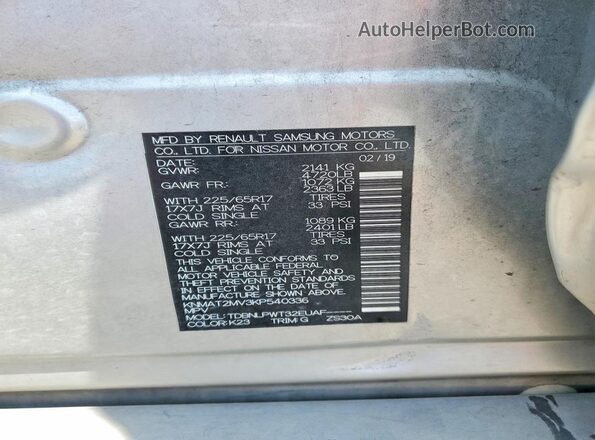 KNMAT2MV3KP540336 2019 NISSAN ROGUE Silver VIN կոդի պիտակի տեսք