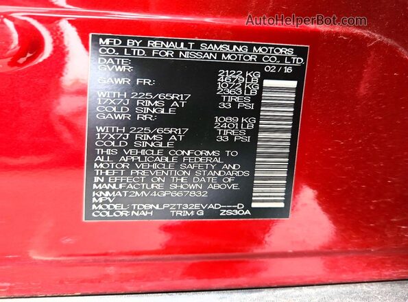 KNMAT2MV4GP667832 2016 NISSAN ROGUE Red VIN կոդի պիտակի տեսք
