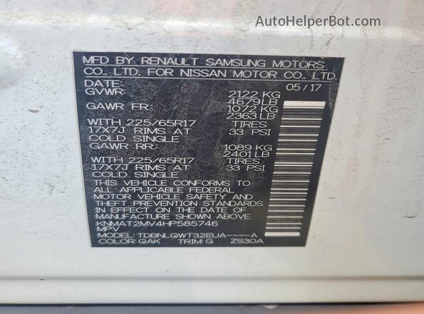 KNMAT2MV4HP585746 2017 NISSAN ROGUE White Widok naklejki z numerem VIN