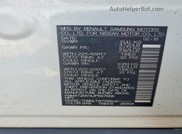 KNMAT2MV4JP567656 2018 NISSAN ROGUE White VIN sticker view