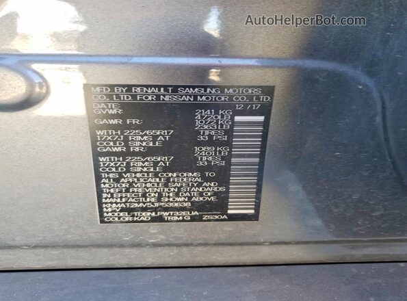 KNMAT2MV5JP539638 2018 NISSAN ROGUE Gray Widok naklejki z numerem VIN