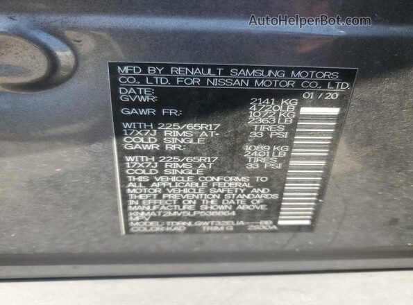 KNMAT2MV5LP538864 2020 NISSAN ROGUE Gray VIN կոդի պիտակի տեսք