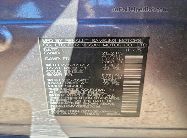 KNMAT2MV7GP627034 2016 NISSAN ROGUE Gray Vista del compartimento del motor
