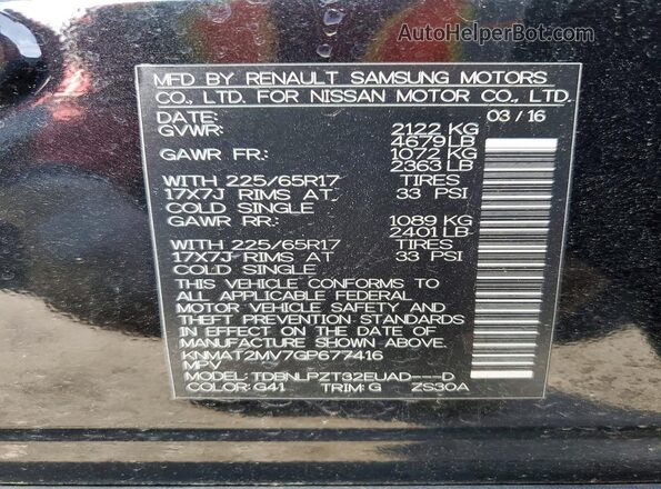 KNMAT2MV7GP677416 2016 NISSAN ROGUE Black VIN კოდის სტიკერის ხედი