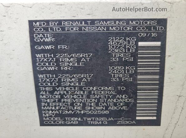 KNMAT2MV7HP502598 2017 NISSAN ROGUE White Widok naklejki z numerem VIN