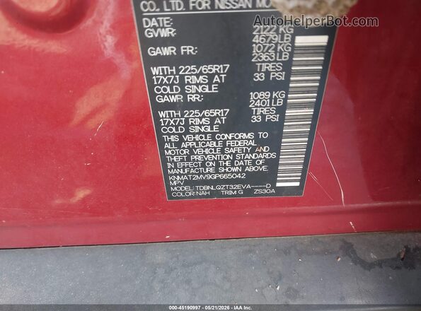 KNMAT2MV9GP665042 2016 NISSAN ROGUE Red Вид підкапотного простору