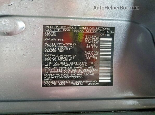 KNMAT2MV9GP723313 2016 NISSAN ROGUE Gray VIN sticker view