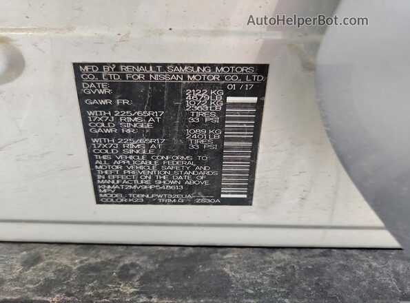 KNMAT2MV9HP548613 2017 NISSAN ROGUE Silver VIN კოდის სტიკერის ხედი