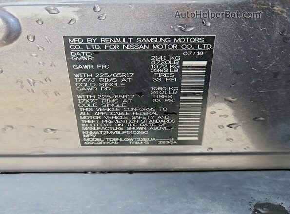 KNMAT2MV9LP510260 2020 NISSAN ROGUE Gray Widok wnętrza 360 stopni