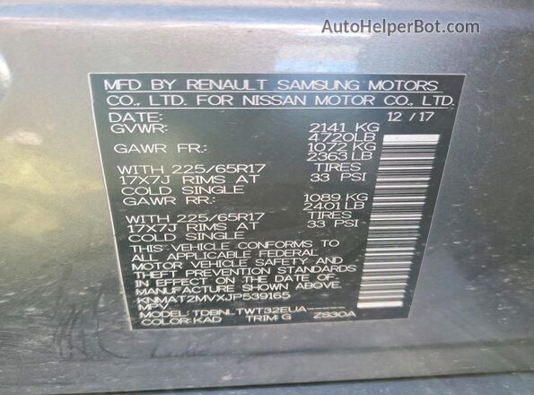 KNMAT2MVXJP539165 2018 NISSAN ROGUE Gray Widok naklejki z numerem VIN