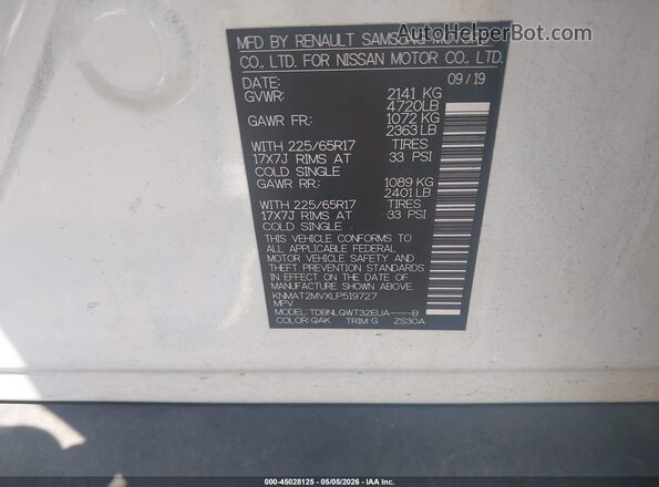 KNMAT2MVXLP519727 2020 NISSAN ROGUE White Вид підкапотного простору