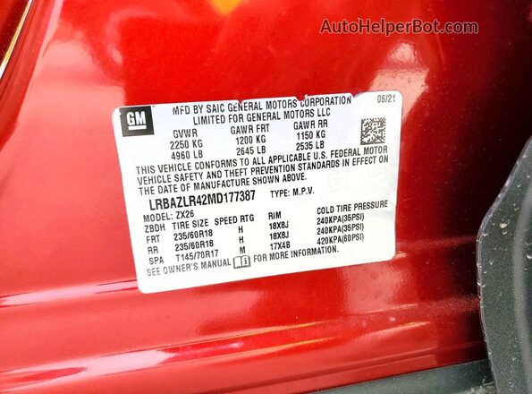 LRBAZLR42MD177387 2021 BUICK ENVISION Red Vista de la etiqueta del VIN