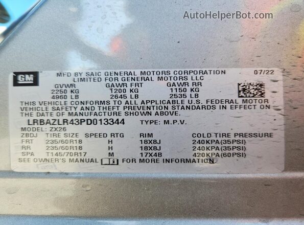 LRBAZLR43PD013344 2023 BUICK ENVISION Silver VIN կոդի պիտակի տեսք