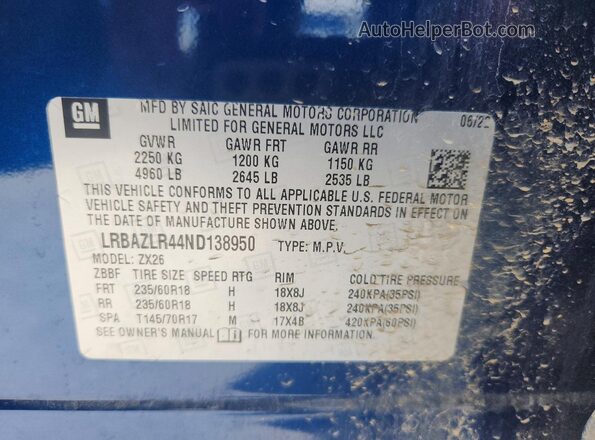 LRBAZLR44ND138950 2022 BUICK ENVISION Black Vista de la etiqueta del VIN