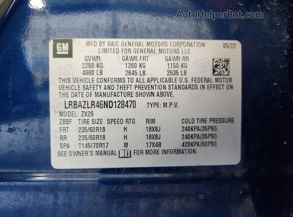 LRBAZLR46ND128470 2022 BUICK ENVISION Blue Widok komory silnika