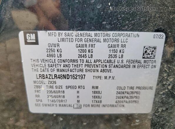 LRBAZLR48ND162197 2022 BUICK ENVISION Black ძრავის განყოფილების ხედი