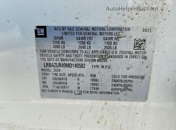LRBAZLR49MD148582 2021 BUICK ENVISION White Vista de la etiqueta del VIN