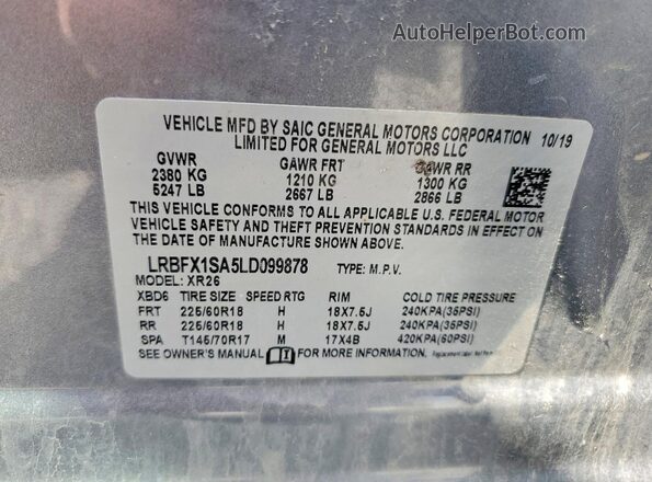 LRBFX1SA5LD099878 2020 BUICK ENVISION Silver Vista de la etiqueta del VIN