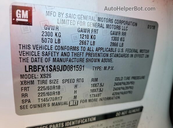 LRBFX1SA9JD081591 2018 BUICK ENVISION Белый Вид наклейки с VIN-кодом