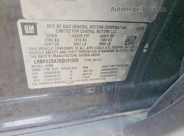 LRBFX2SA7KD101330 2019 BUICK ENVISION Черный Вид наклейки с VIN-кодом