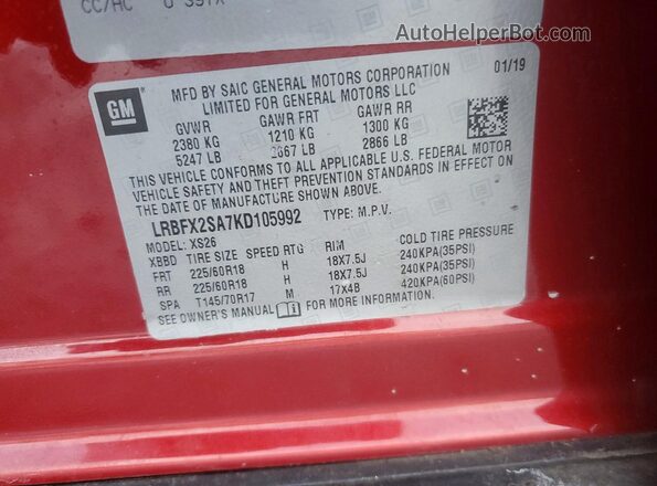 LRBFX2SA7KD105992 2019 BUICK ENVISION Красный Панорамный вид салона 360°
