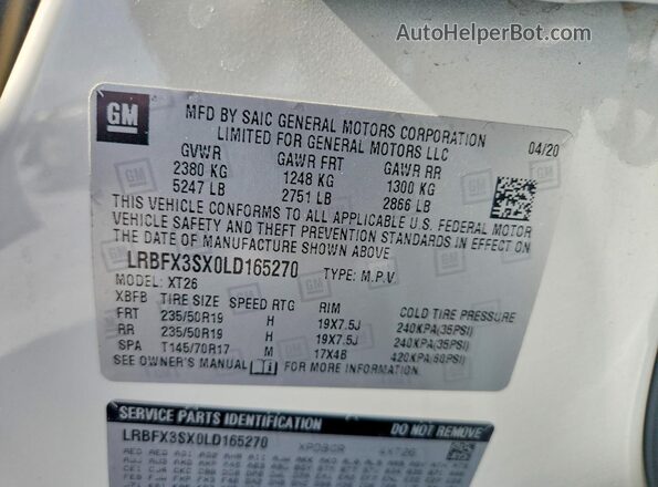 LRBFX3SX0LD165270 2020 BUICK ENVISION White Vista de la etiqueta del VIN