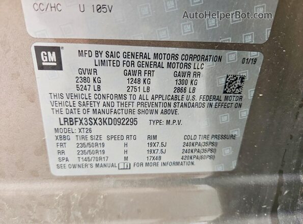 LRBFX3SX3KD092295 2019 BUICK ENVISION Коричневый Вид наклейки с VIN-кодом