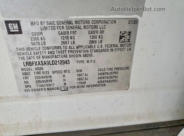LRBFXASA9LD212943 2020 BUICK ENVISION White Widok naklejki z numerem VIN