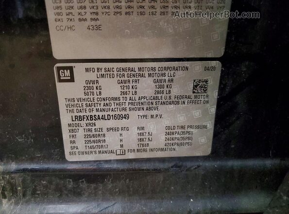 LRBFXBSA4LD160949 2020 BUICK ENVISION Blue Vista de la etiqueta del VIN